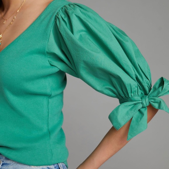 Anthropologie Maeve Puff-Sleeved Top in Kelly Green - Picture 2 of 8